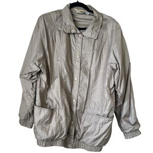 Haband Vintage Silver Gray Crinkle Windbreaker Jacket M Snap Front Pockets